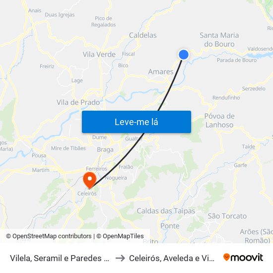 Vilela, Seramil e Paredes Secas to Celeirós, Aveleda e Vimieiro map