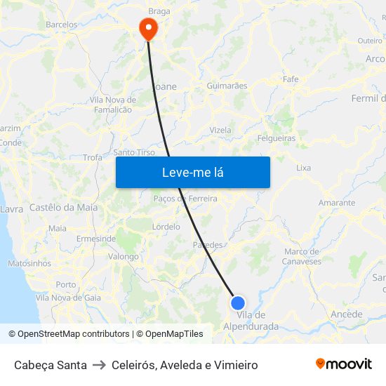 Cabeça Santa to Celeirós, Aveleda e Vimieiro map