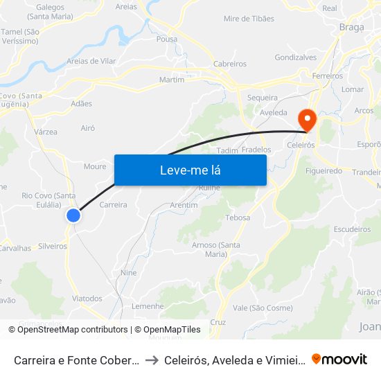 Carreira e Fonte Coberta to Celeirós, Aveleda e Vimieiro map