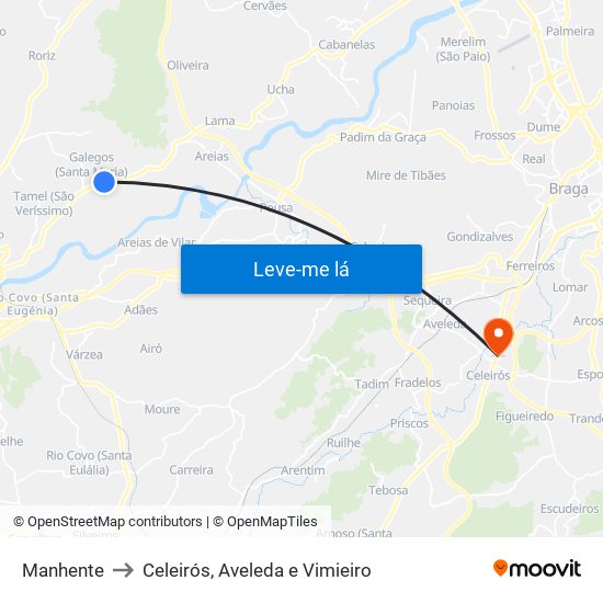 Manhente to Celeirós, Aveleda e Vimieiro map