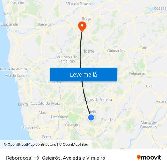 Rebordosa to Celeirós, Aveleda e Vimieiro map