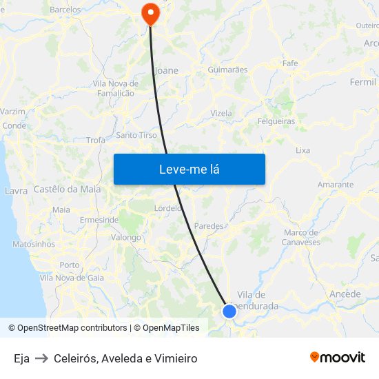 Eja to Celeirós, Aveleda e Vimieiro map