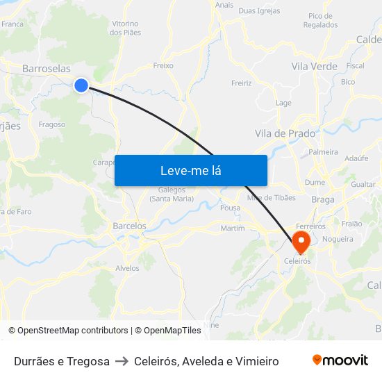 Durrães e Tregosa to Celeirós, Aveleda e Vimieiro map