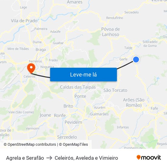 Agrela e Serafão to Celeirós, Aveleda e Vimieiro map