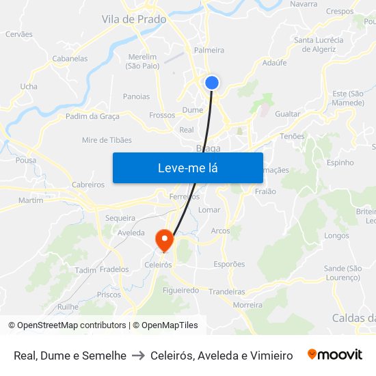 Real, Dume e Semelhe to Celeirós, Aveleda e Vimieiro map