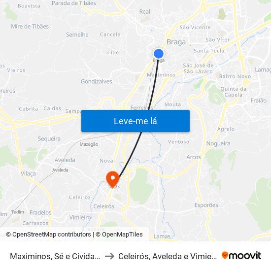 Maximinos, Sé e Cividade to Celeirós, Aveleda e Vimieiro map