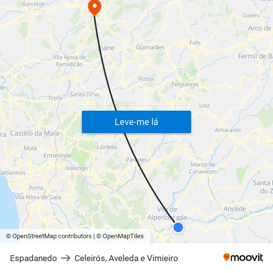 Espadanedo to Celeirós, Aveleda e Vimieiro map