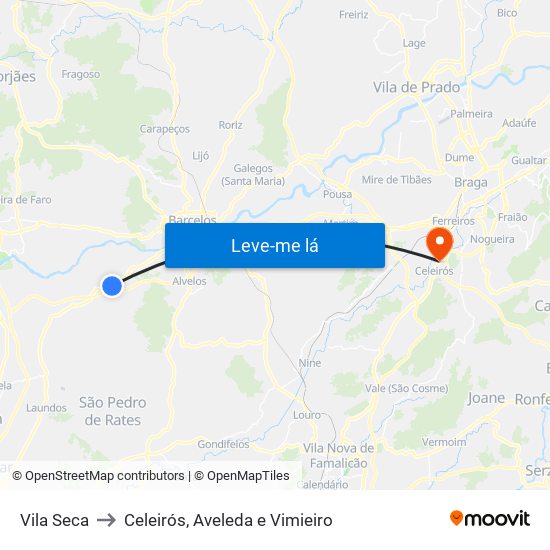Vila Seca to Celeirós, Aveleda e Vimieiro map