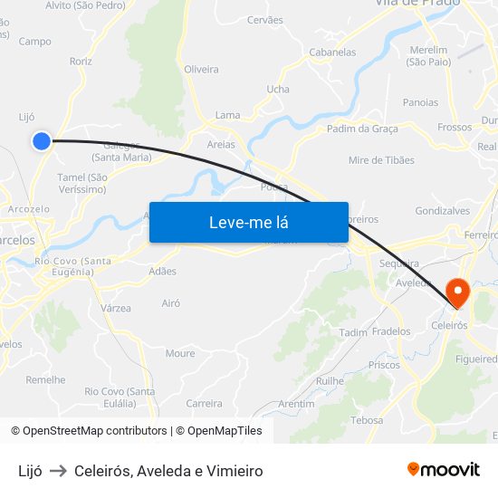 Lijó to Celeirós, Aveleda e Vimieiro map