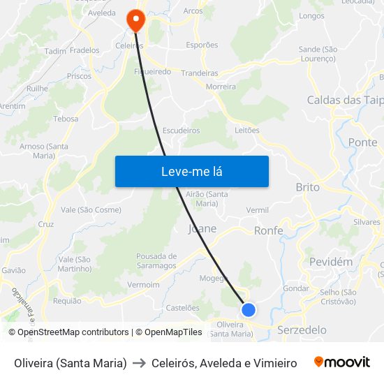 Oliveira (Santa Maria) to Celeirós, Aveleda e Vimieiro map