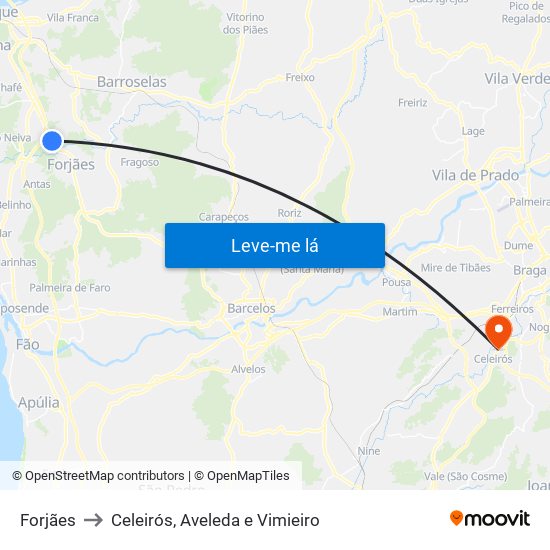 Forjães to Celeirós, Aveleda e Vimieiro map