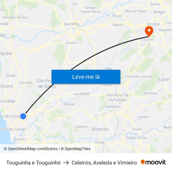 Touguinha e Touguinhó to Celeirós, Aveleda e Vimieiro map