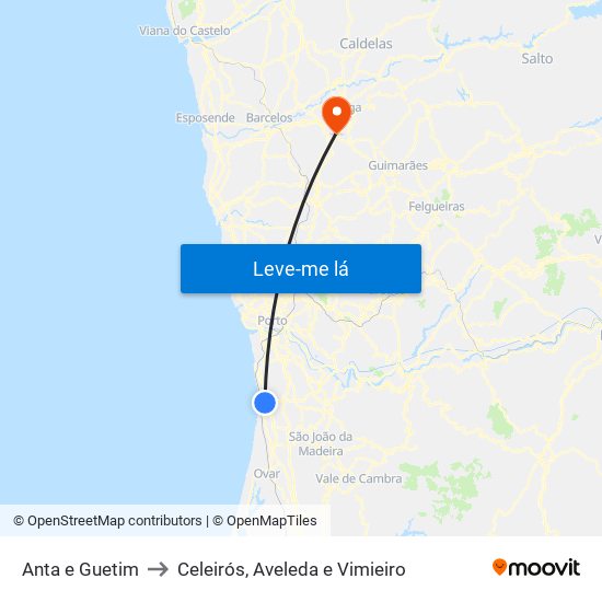Anta e Guetim to Celeirós, Aveleda e Vimieiro map