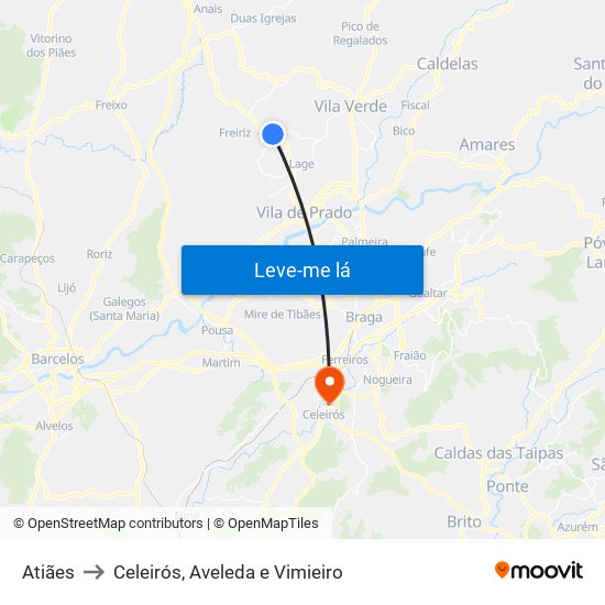 Atiães to Celeirós, Aveleda e Vimieiro map