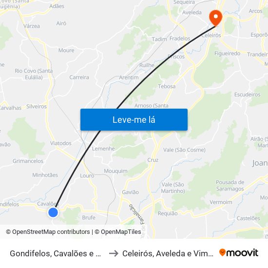 Gondifelos, Cavalões e Outiz to Celeirós, Aveleda e Vimieiro map