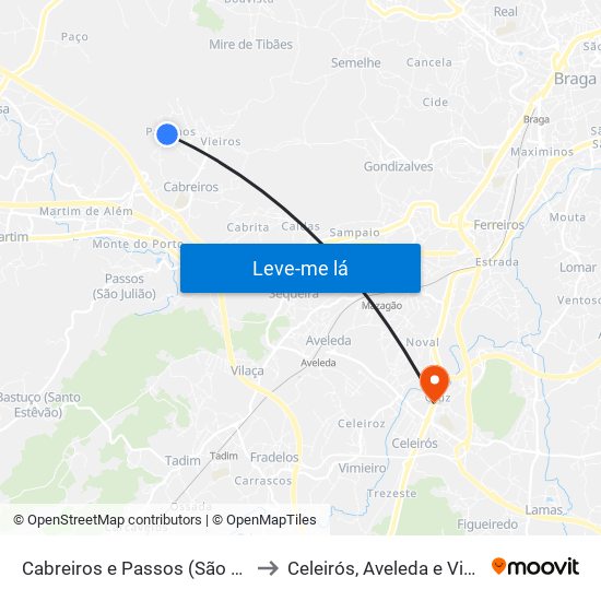 Cabreiros e Passos (São Julião) to Celeirós, Aveleda e Vimieiro map