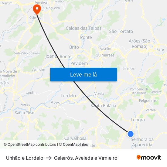 Unhão e Lordelo to Celeirós, Aveleda e Vimieiro map