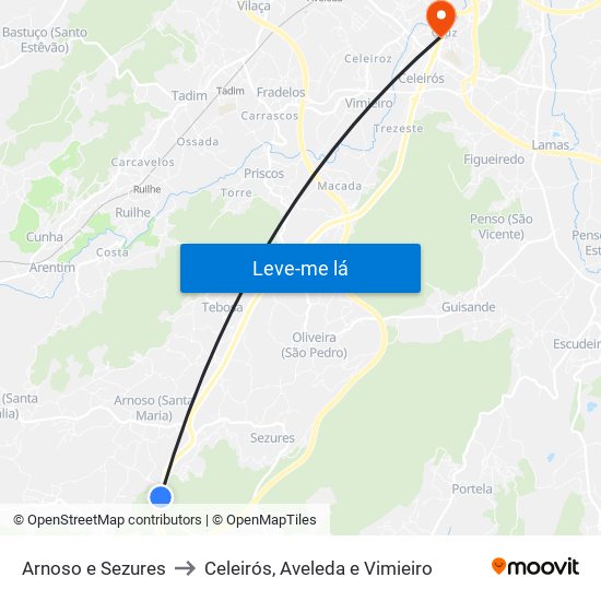Arnoso e Sezures to Celeirós, Aveleda e Vimieiro map