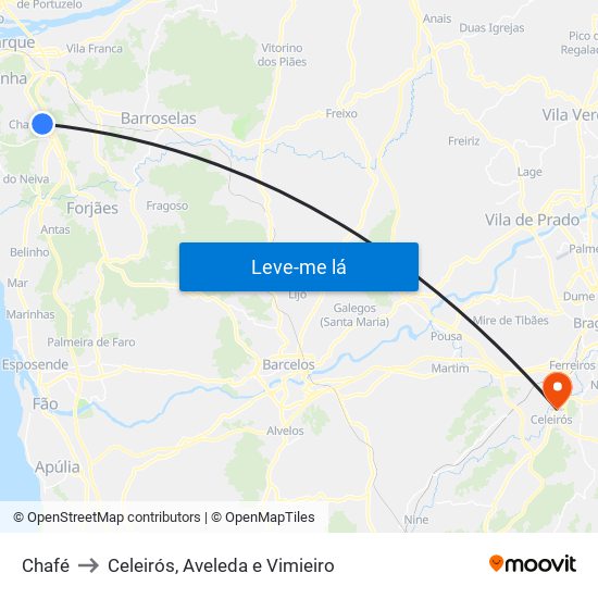 Chafé to Celeirós, Aveleda e Vimieiro map