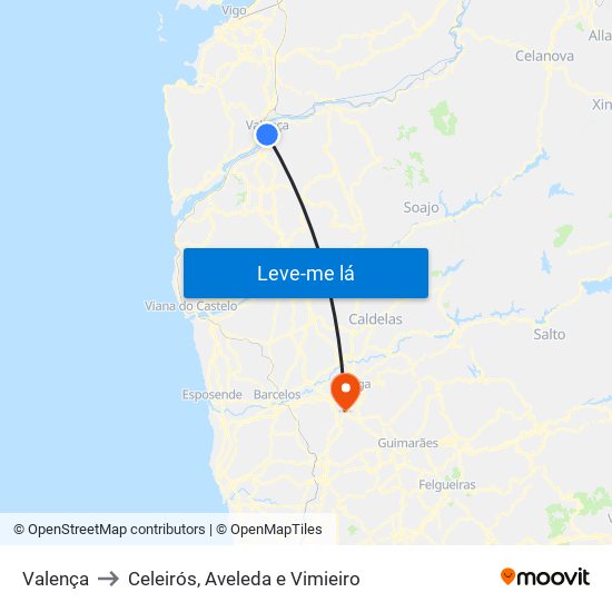 Valença to Celeirós, Aveleda e Vimieiro map