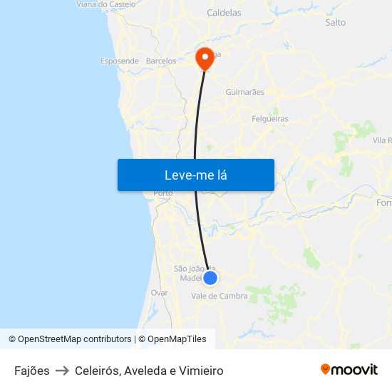 Fajões to Celeirós, Aveleda e Vimieiro map