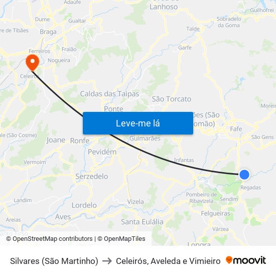 Silvares (São Martinho) to Celeirós, Aveleda e Vimieiro map