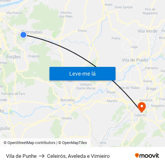 Vila de Punhe to Celeirós, Aveleda e Vimieiro map