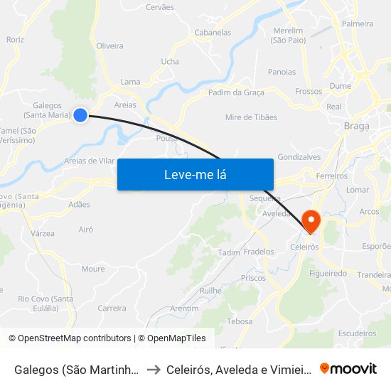 Galegos (São Martinho) to Celeirós, Aveleda e Vimieiro map