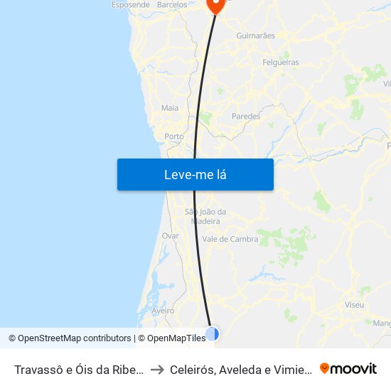 Travassô e Óis da Ribeira to Celeirós, Aveleda e Vimieiro map