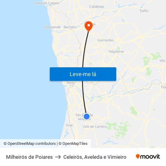 Milheirós de Poiares to Celeirós, Aveleda e Vimieiro map