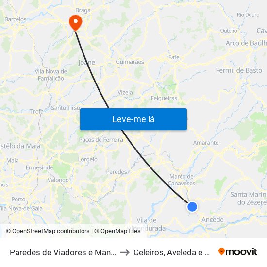 Paredes de Viadores e Manhuncelos to Celeirós, Aveleda e Vimieiro map