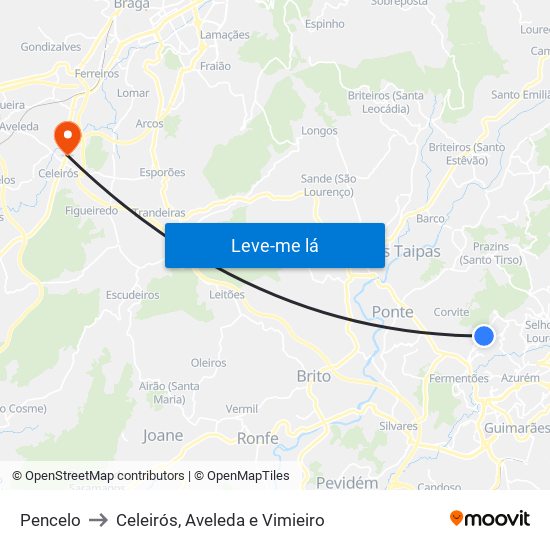 Pencelo to Celeirós, Aveleda e Vimieiro map