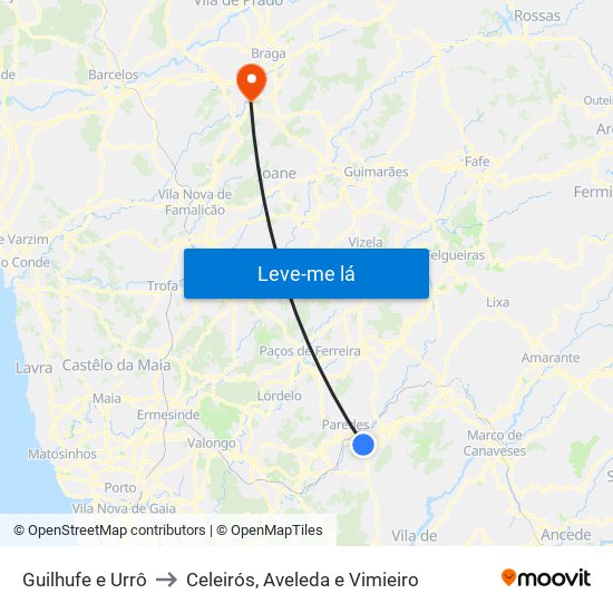 Guilhufe e Urrô to Celeirós, Aveleda e Vimieiro map