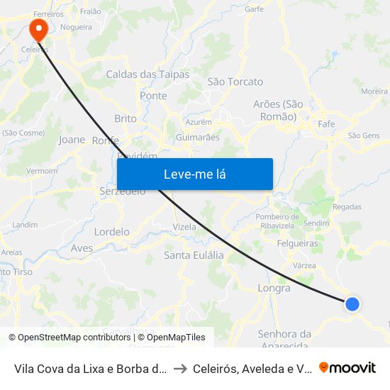 Vila Cova da Lixa e Borba de Godim to Celeirós, Aveleda e Vimieiro map