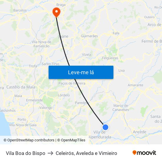 Vila Boa do Bispo to Celeirós, Aveleda e Vimieiro map
