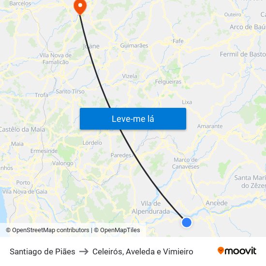 Santiago de Piães to Celeirós, Aveleda e Vimieiro map