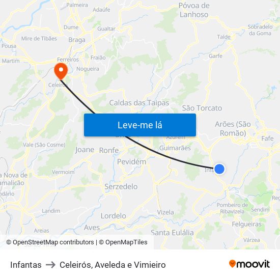 Infantas to Celeirós, Aveleda e Vimieiro map