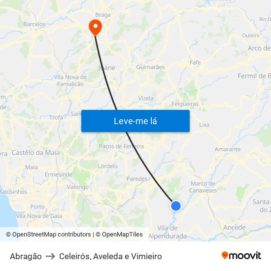 Abragão to Celeirós, Aveleda e Vimieiro map