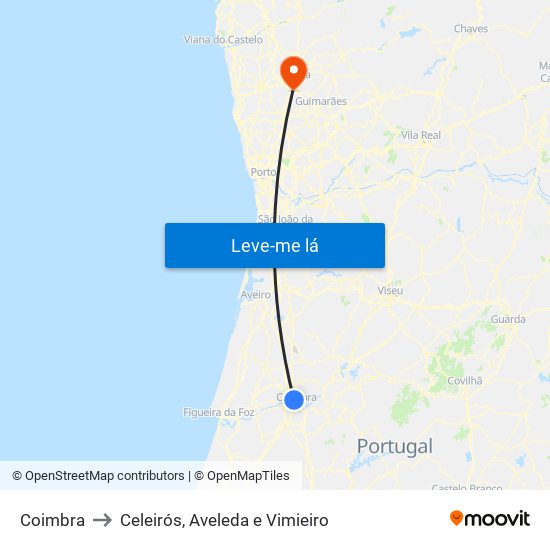 Coimbra to Celeirós, Aveleda e Vimieiro map