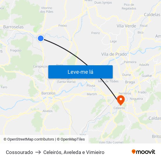 Cossourado to Celeirós, Aveleda e Vimieiro map