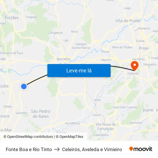 Fonte Boa e Rio Tinto to Celeirós, Aveleda e Vimieiro map