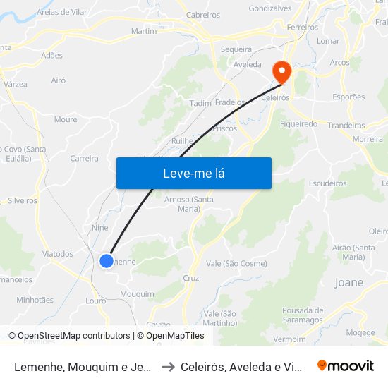Lemenhe, Mouquim e Jesufrei to Celeirós, Aveleda e Vimieiro map