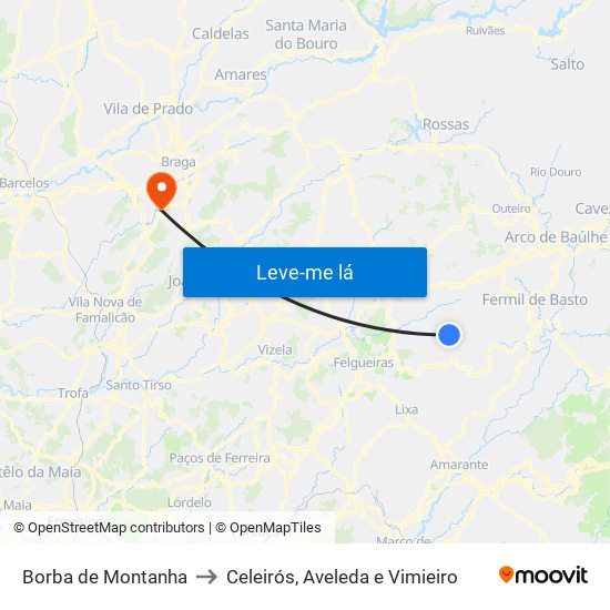 Borba de Montanha to Celeirós, Aveleda e Vimieiro map