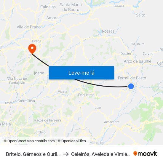 Britelo, Gémeos e Ourilhe to Celeirós, Aveleda e Vimieiro map