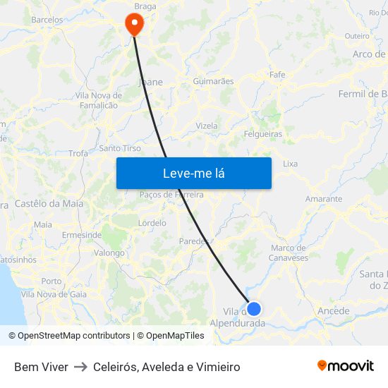 Bem Viver to Celeirós, Aveleda e Vimieiro map