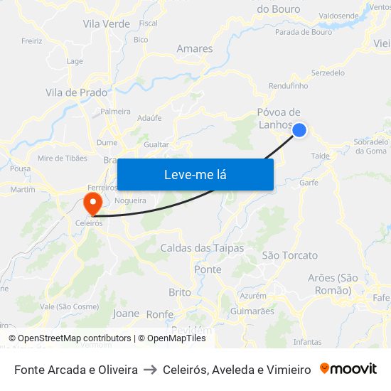 Fonte Arcada e Oliveira to Celeirós, Aveleda e Vimieiro map