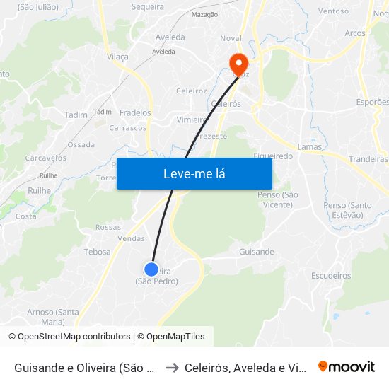 Guisande e Oliveira (São Pedro) to Celeirós, Aveleda e Vimieiro map