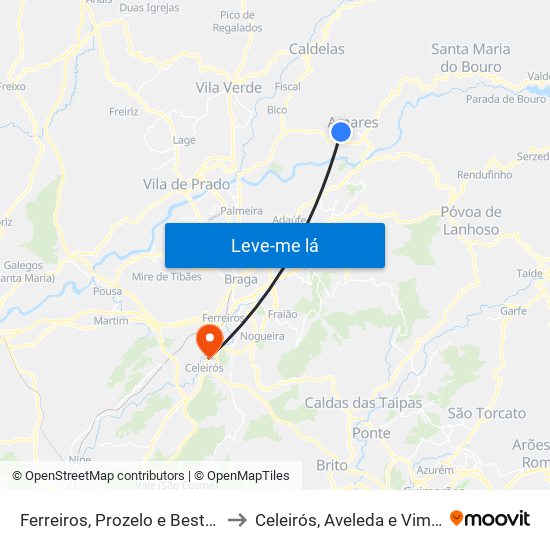 Ferreiros, Prozelo e Besteiros to Celeirós, Aveleda e Vimieiro map