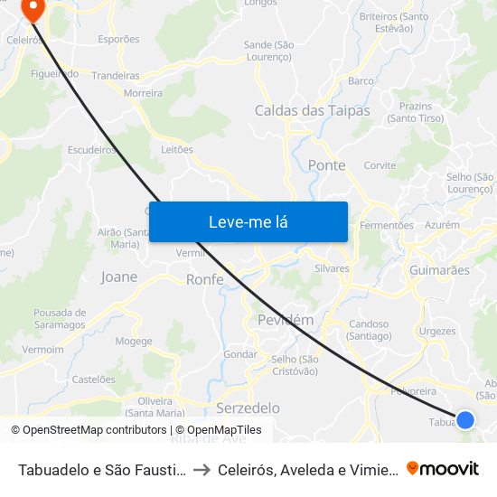 Tabuadelo e São Faustino to Celeirós, Aveleda e Vimieiro map