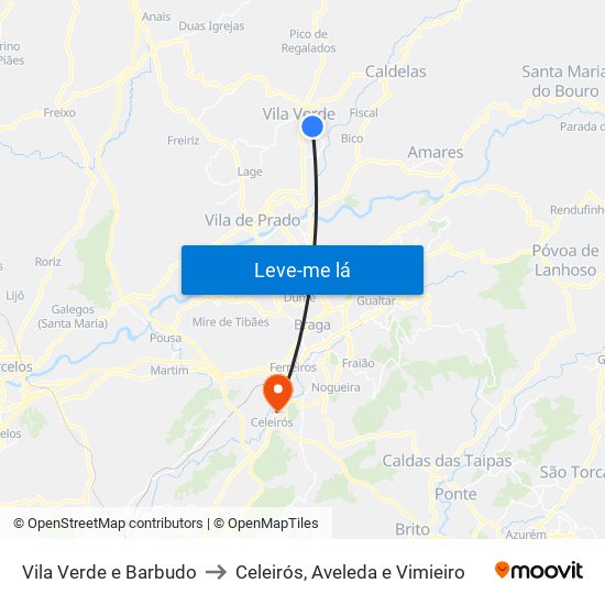 Vila Verde e Barbudo to Celeirós, Aveleda e Vimieiro map